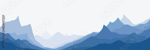 Vector illustration of mountains, ridge in the morning haze, panoramic view