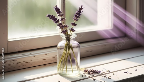 Lavender flowers in a glass vase captured on a sunny windowsill