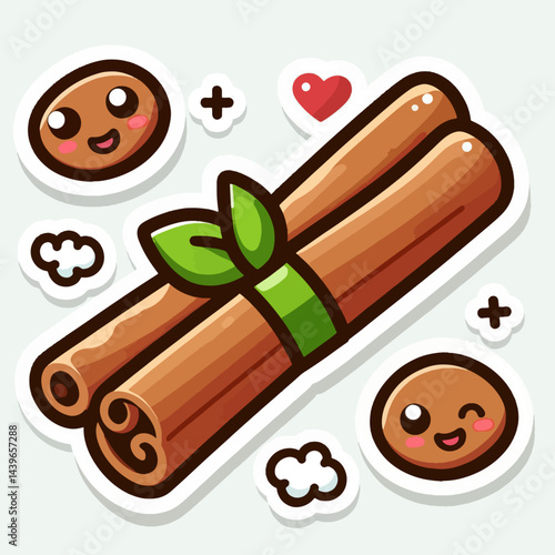 Two cartoon cinnamon sticks are presented in a graphic design format.  Small cartoon cookies and other decorative elements are arranged around the sticks.