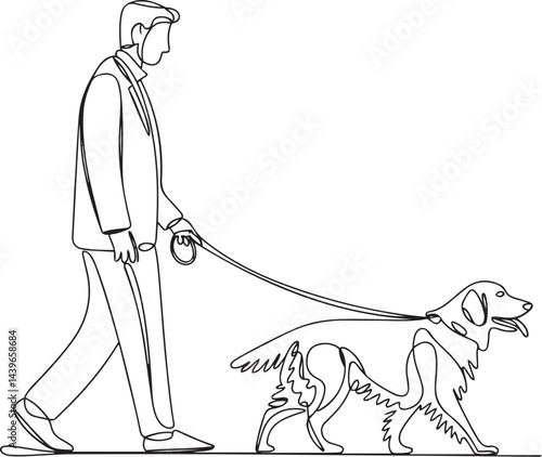 A minimalistic black linear continuous line art of a man walking his loyal golden retriever dog on a leash both isolated on a clean white background representing friendship and companionship