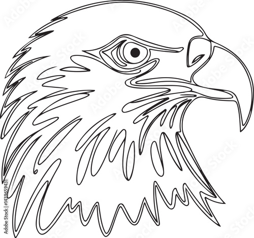 An expressive black linear continuous line illustration of a majestic eagle head in a horizontal position isolated on a white background symbolizing courage and wisdom