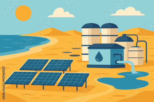 Flat renewable-water scene blending sun panels, coastline, and treatment units