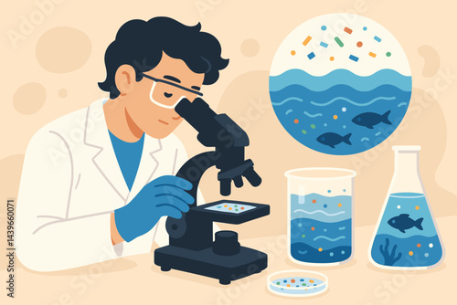 Flat marine-pollution lab scene showing research, data, and concern