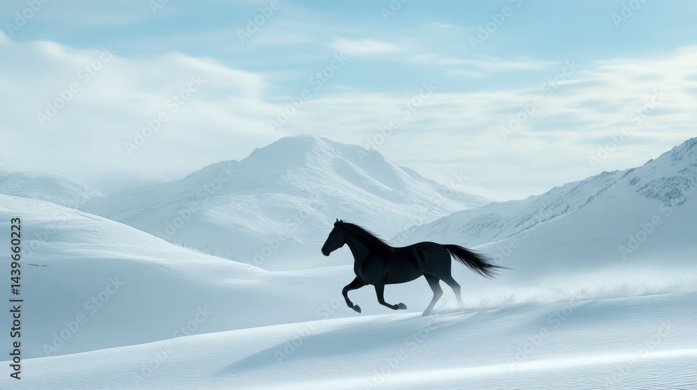 Black horse running snowy mountains. Possible use Nature, winter, wildlife, horse photography Black horse running snowy mountains. Possible use Nature, winter, wildlife, horse photography