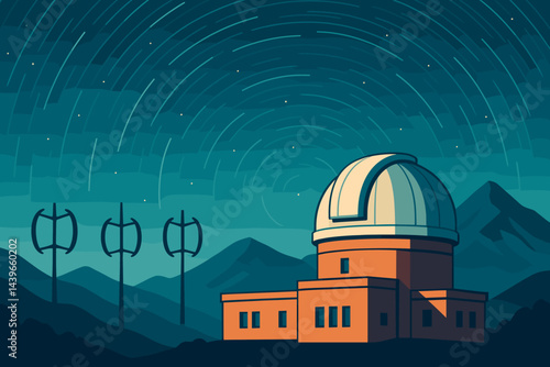 Flat astro-sustainability scene with domes, turbines, and night sky
