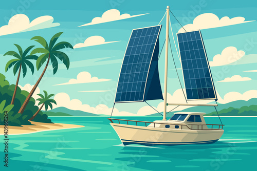 Flat eco-yacht scene showing solar fabric, blue water, and relaxed deck