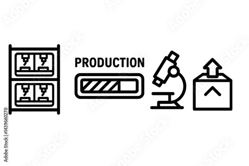 Manufacturing icons reflecting queue, control, inspection, and dispatch