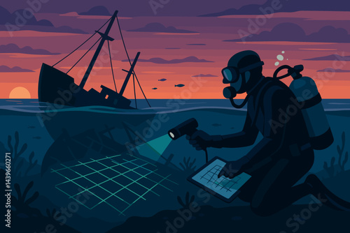 Flat underwater-heritage scene featuring diver, hull outline, and purple glow