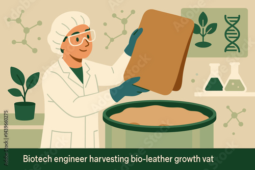 Flat fashion-tech scene combining growth chamber, sheets, and lab coat