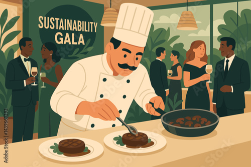 Flat gourmet event scene with elegant plates, mycelium steaks, and spotlights