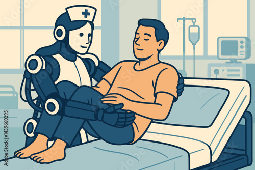 Flat med-tech scene uniting robotic assist, care, and clean ward