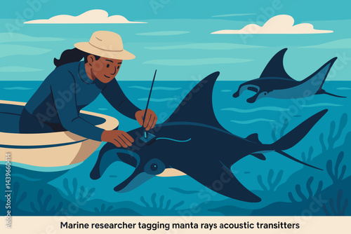 Flat ocean-science scene with diver, manta ray, and tag device