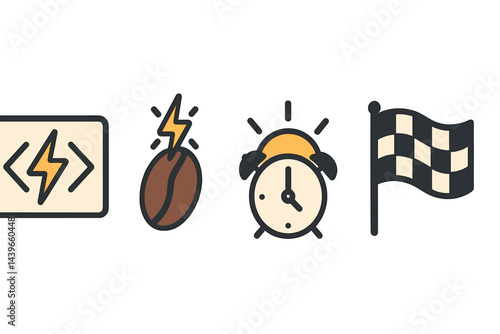 Marathon-coding icons tying energy, time, code, and completion