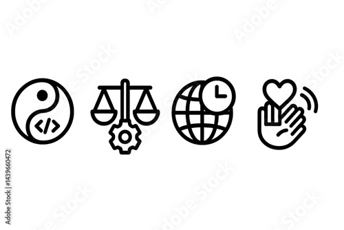 Balance icons merging code, fairness, timing, and wellbeing