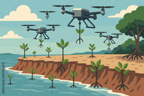 Flat restoration-tech scene with seed pods, muddy flats, and sky fleet