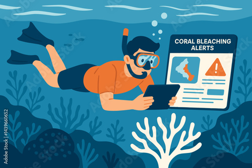 Flat underwater-tech scene merging biotech mask, tablet, and fading corals