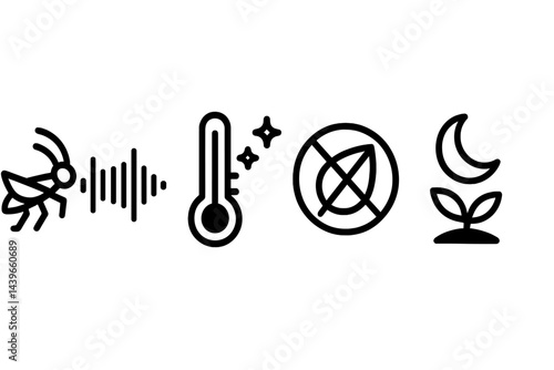 Smart-garden icons linking audio, climate, pests, and cycle