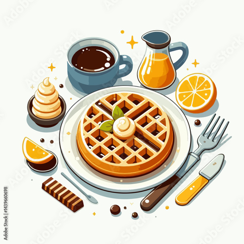 Vibrant illustration of a breakfast platter featuring a waffle, coffee, orange juice, and dessert, arranged in a visually appealing circular composition.