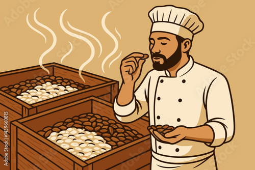 Flat bean-to-bar scene showing tasting spoon, beans, and tropical leaves