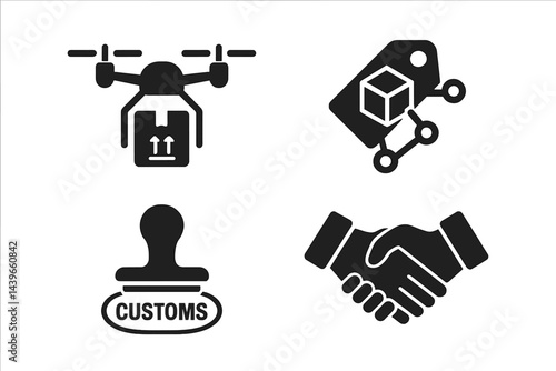 Global-shipping icons depicting aerial box, secure track, clearance, and receipt