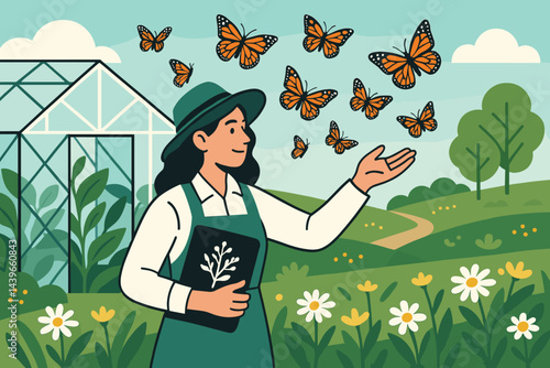 Flat biodiversity scene featuring butterflies, flowers, and open greenhouse