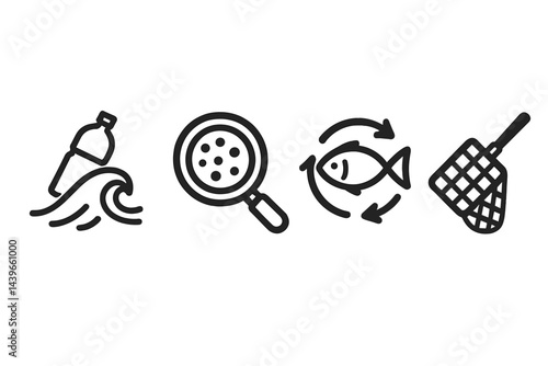 Marine-protection icons exposing waste, impact, and action tools