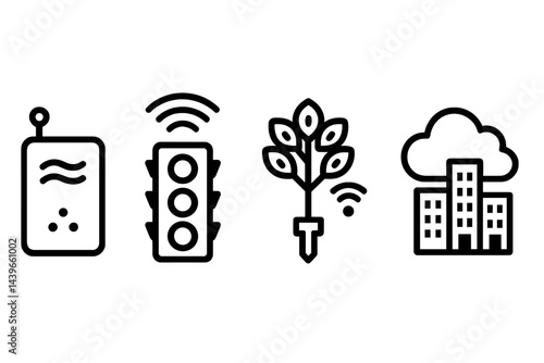 Urban-tech icons linking environment, mobility, greenery, and analytics