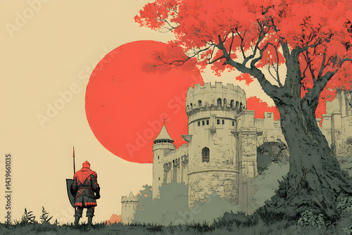 Illustration of a medieval knight standing in front of a castle, minimalist style.

