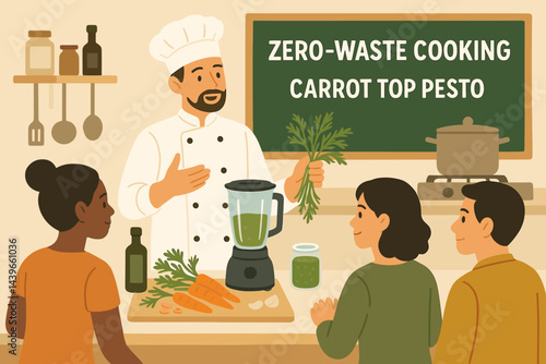 Flat culinary-sustainability scene showing creative reuse of food scraps