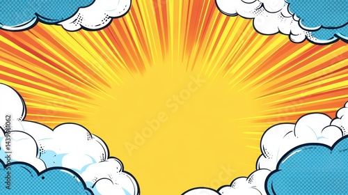 Dynamic comic book style background with bright sunburst and clouds