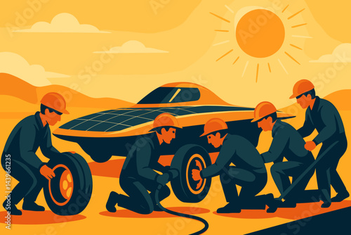 Flat renewable-sport scene merging speed, teamwork, and bright energy