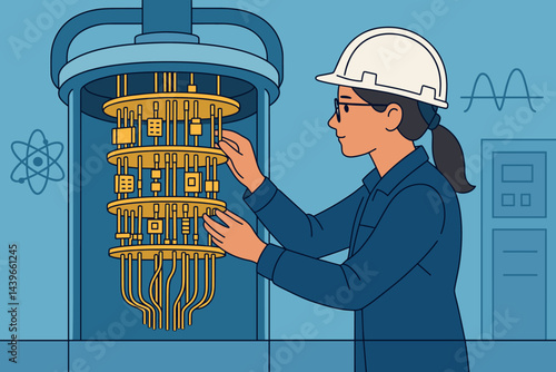 Flat cutting-edge lab scene showing delicate alignment and frosty pipes