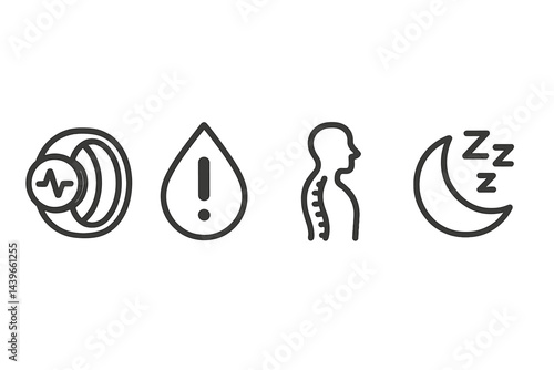 Bio-tracking icons melding vitals, water, alignment, and rest