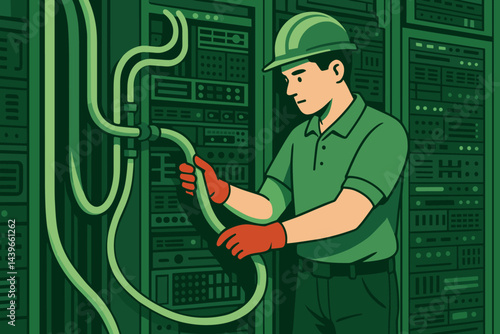 Flat tech-infrastructure scene highlighting cooling, servers, and eco design