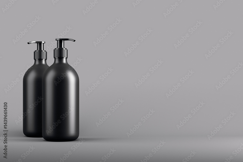 Obraz premium Black cosmetic pump bottles mockup with clean copyspace on dark gradient background for modern branding or product presentation template. 3D Rendering