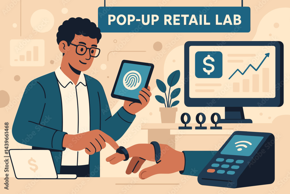 A flat commerce-tech environment exists where wearable rings, POS tablets, and shoppers are linked A flat commerce-tech environment exists where wearable rings, POS tablets, and shoppers are linked