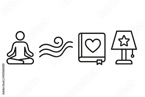 Lifestyle icons showing posture, breath, reflection, and restful light