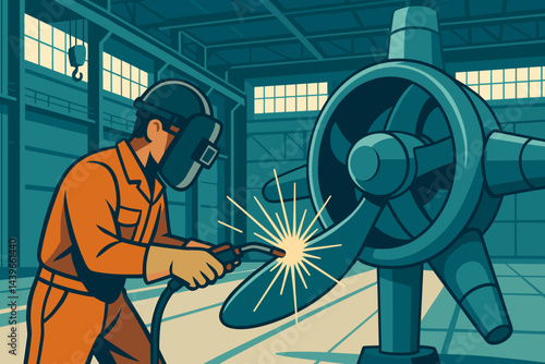 Flat renewable-engineering scene showing sparks, rotor blades, and safety gear