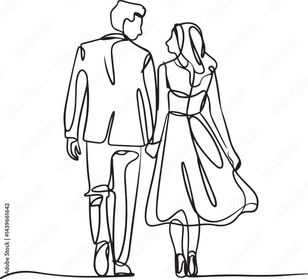 Obraz premium continuous line art of a loving couple walking together holding hands with the man wearing a hat and the woman in a dress minimalistic romantic artwork on a white background
