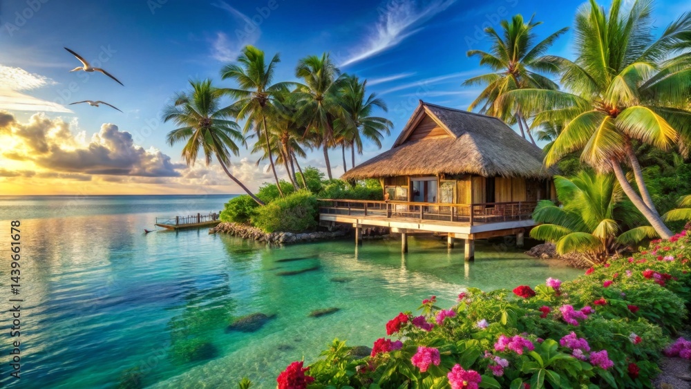 Serene Tropical Getaway Sunrise over a Tranquil Lagoon with Overwater Bungalow and Lush Tropical Flora Serene Tropical Getaway Sunrise over a Tranquil Lagoon with Overwater Bungalow and Lush Tropical Flora