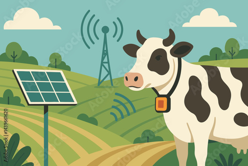 Flat agri-IoT scene merging livestock monitoring, solar tech, and green pasture