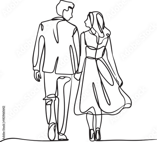 continuous line art of a loving couple walking together holding hands with the man wearing a hat and the woman in a dress minimalistic romantic artwork on a white background