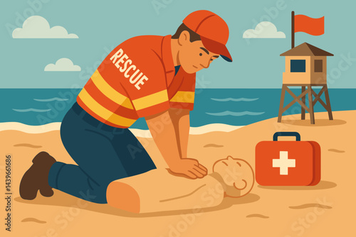 Flat safety-training scene showing compressions, rescue board, and surf flags
