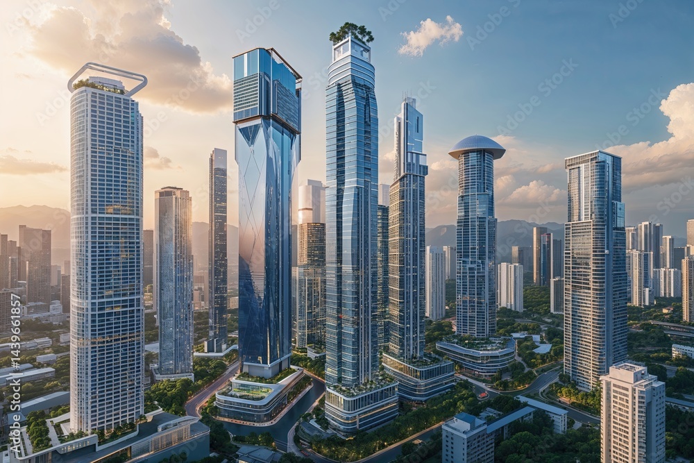 Fototapeta premium Innovative Urban Landscape Featuring Skyscrapers and Advanced Battery Technology for Smart Grid Solutions