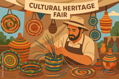 Flat artisan-market scene emphasizing traditional craft and pattern