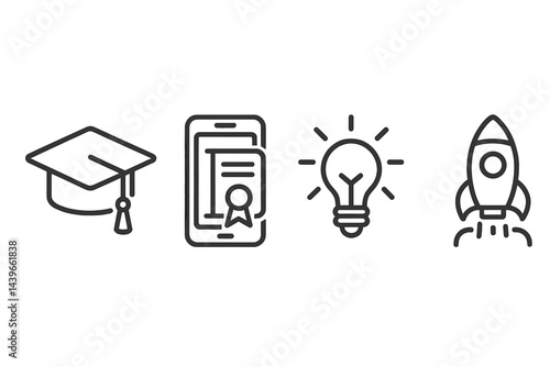 Learning-innovation icons linking credential, mobile, idea, and launch