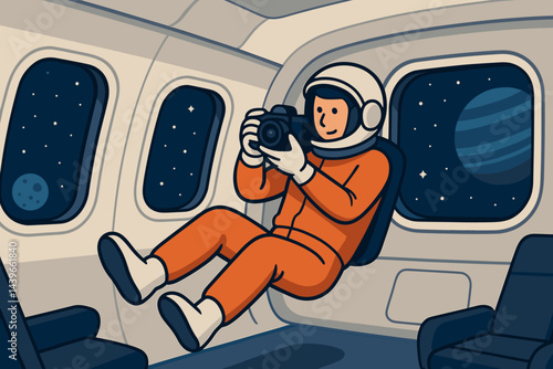 Flat zero-gravity scene merging adventure, tourism, and tech