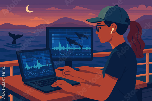 Flat ocean-research scene featuring data, wildlife, and evening hues