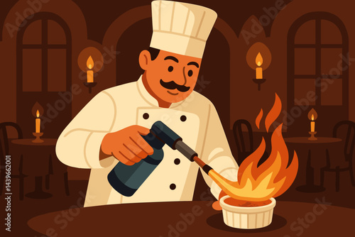 Flat gourmet-dessert scene capturing flame, elegance, and craft