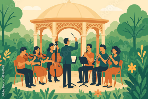 Flat cultural scene of musicians practicing amid lush greenery